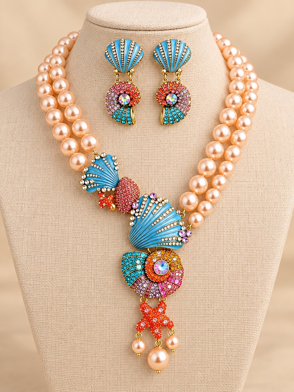 Colorful Seashell Pearl Statement Necklace & Earring Set
